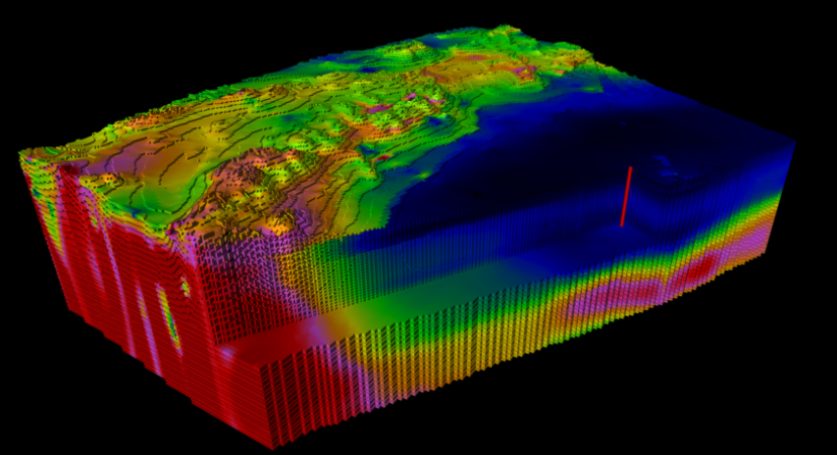 Three-dimensional topographic representation of a basin with colour-coded elevations